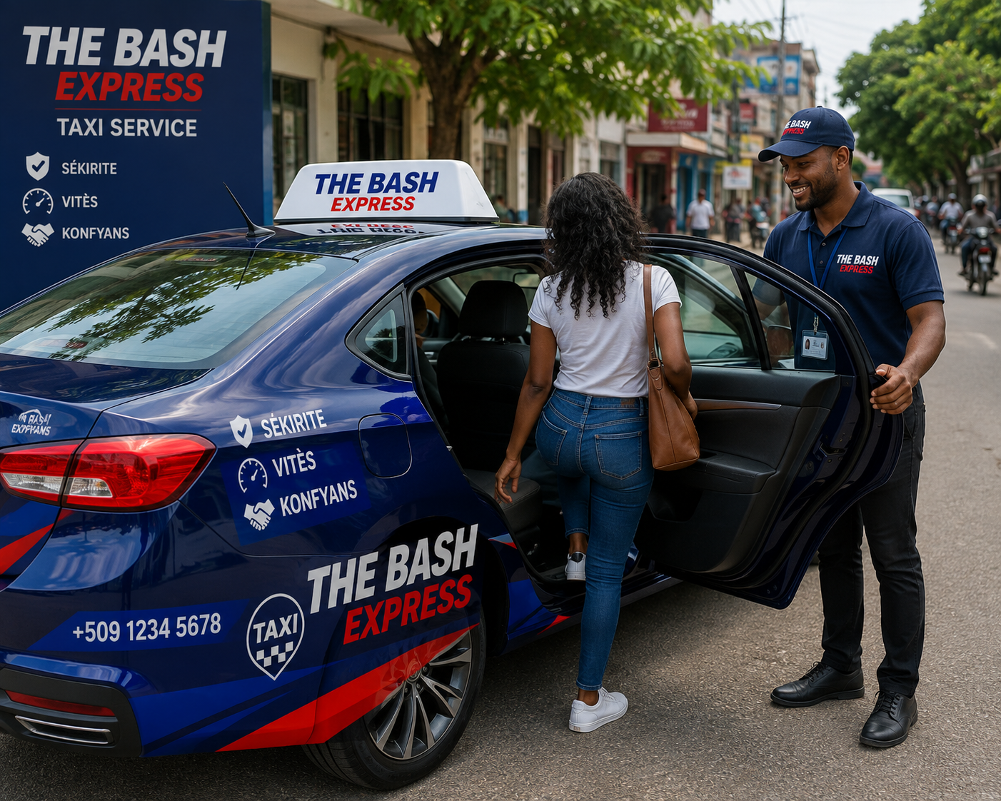 Chofè THE BASH EXPRESS k ap louvri pòt machin nan pou yon kliyan
