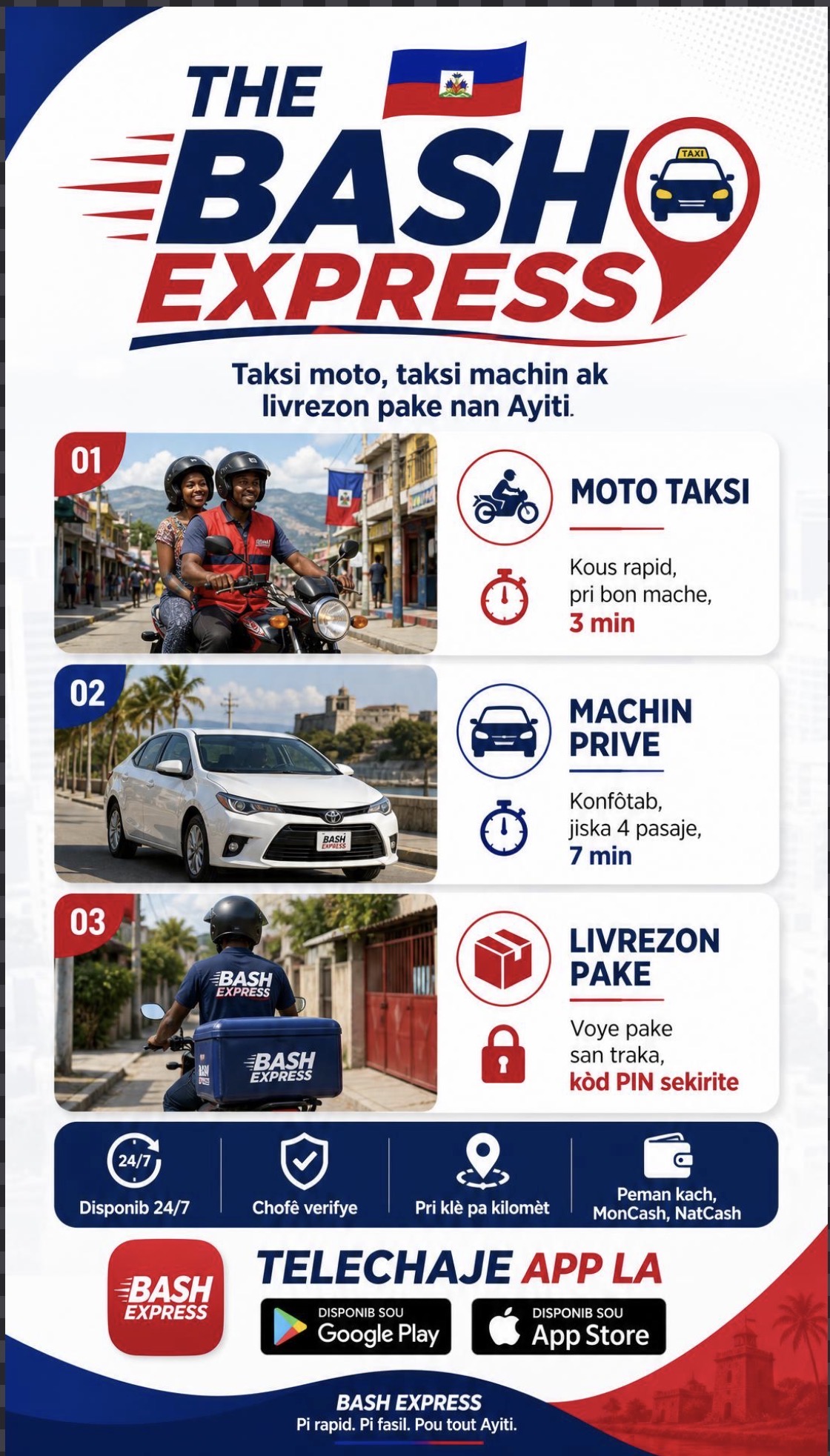 Flyer THE BASH EXPRESS: moto taksi, machin prive, livrezon pake